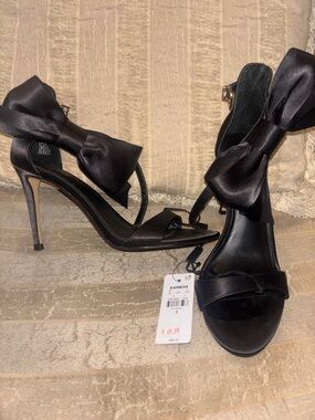 Express Black Satin Bow Stiletto Sandals